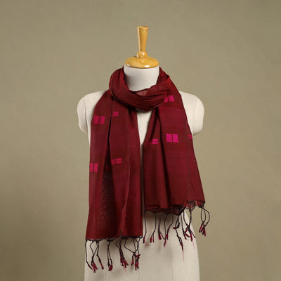 Maroon Handloom Cotton Srikakulam Jamdani Stole with Tassels