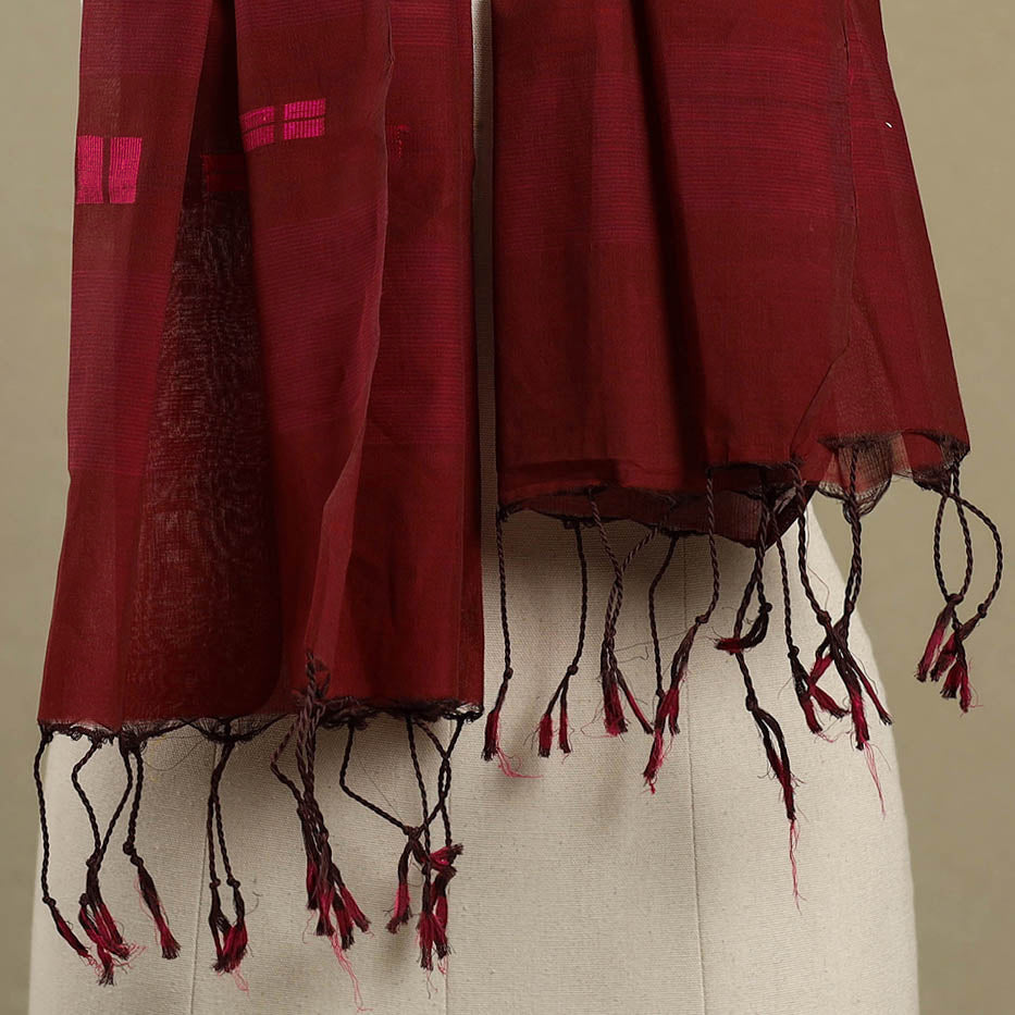 Maroon Handloom Cotton Srikakulam Jamdani Stole with Tassels