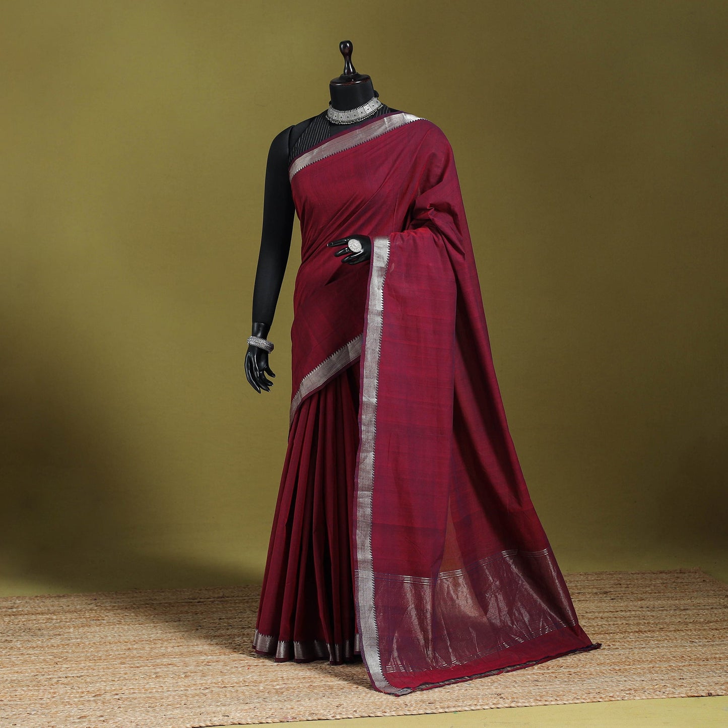 Maroon - handloom cotton zari border mangalagiri saree 14