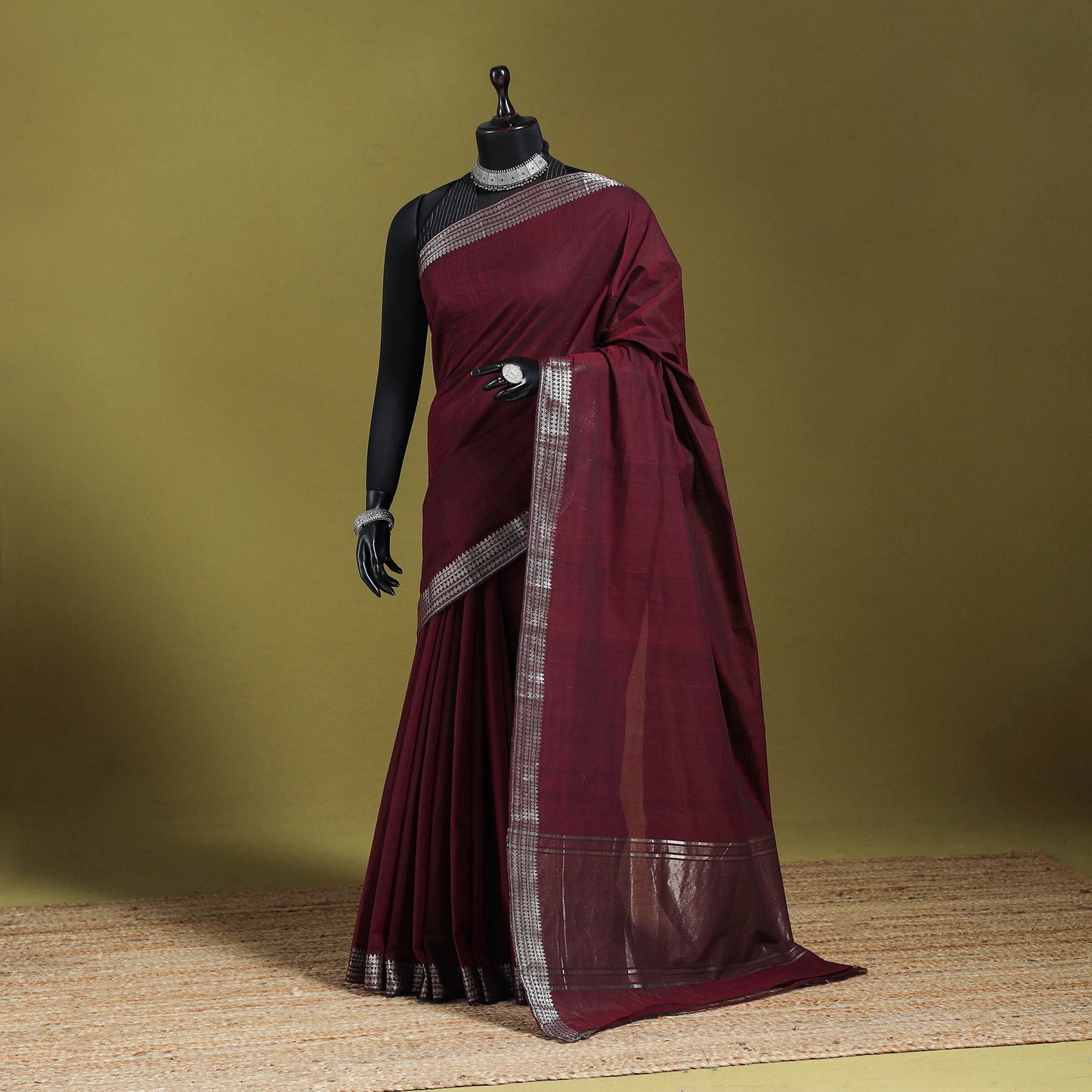 Maroon - handloom cotton zari border mangalagiri saree 15