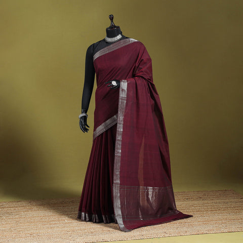 Maroon - handloom cotton zari border mangalagiri saree 15