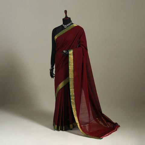 Maroon Handloom Cotton Zari Border Mangalagiri Saree