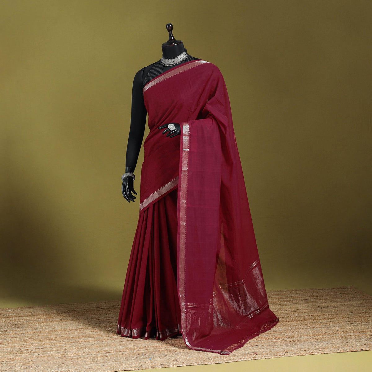 Maroon - handloom cotton zari border mangalagiri saree 21