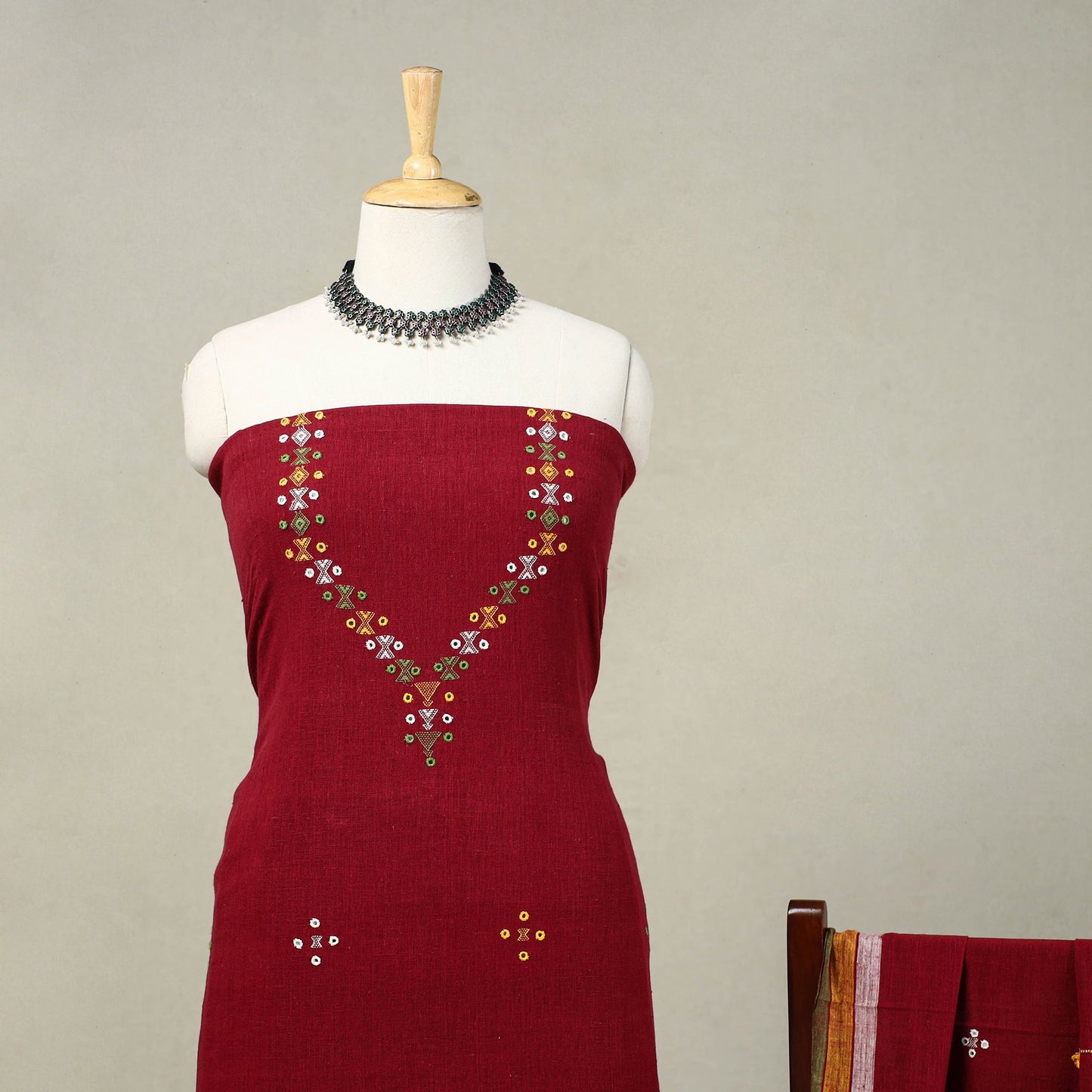 Maroon Handloom Kala Cotton 3pc Kutch Bhujodi Dress Material