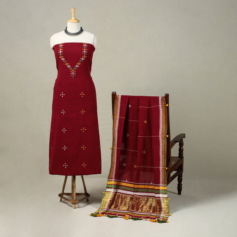 Maroon Handloom Kala Cotton 3pc Kutch Bhujodi Dress Material