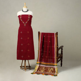 Maroon Handloom Kala Cotton 3pc Kutch Bhujodi Dress Material