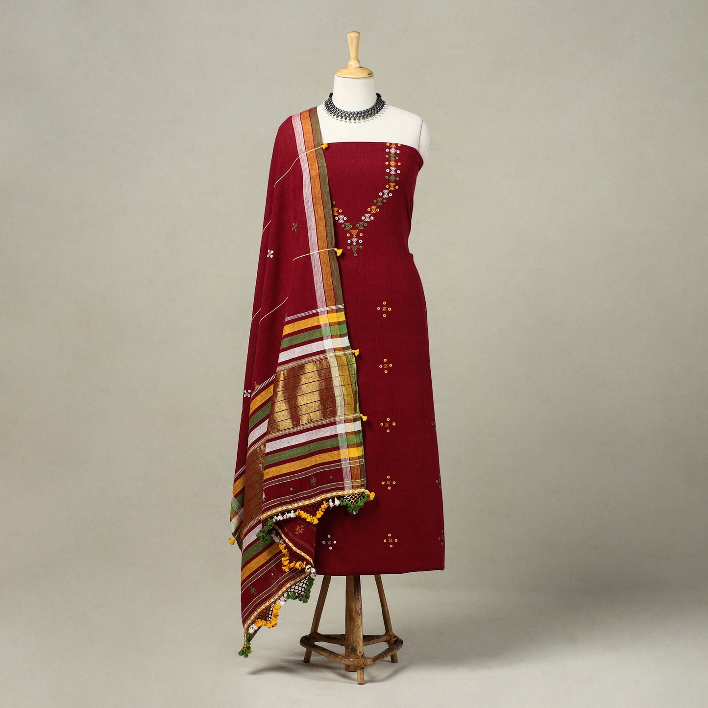 Maroon Handloom Kala Cotton 3pc Kutch Bhujodi Dress Material