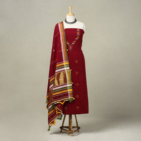 Maroon Handloom Kala Cotton 3pc Kutch Bhujodi Dress Material