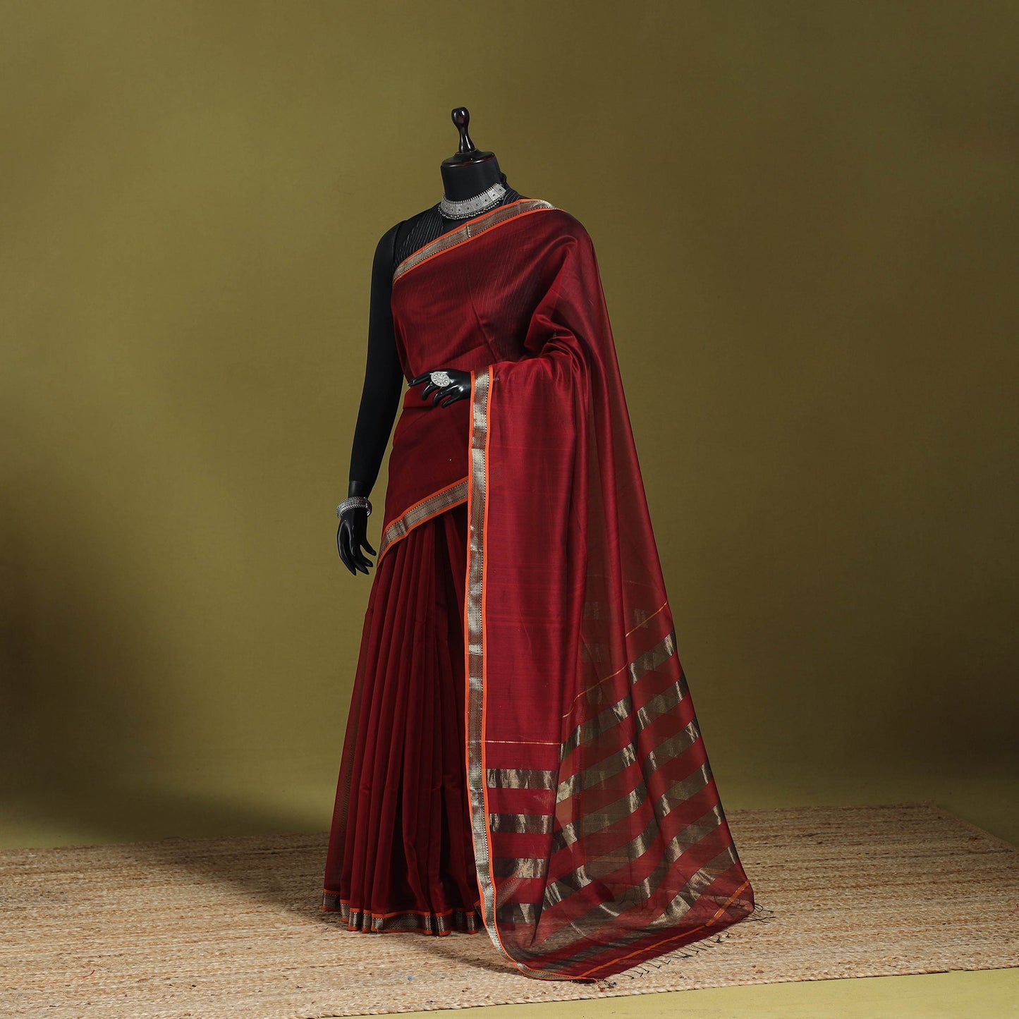 Maroon - handloom silk cotton maheshwari saree with zari