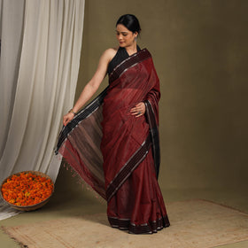 Maroon - handloom tissue zari weave silk maheshwari saree