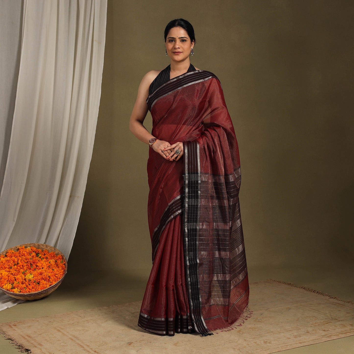 Maroon - handloom tissue zari weave silk maheshwari saree