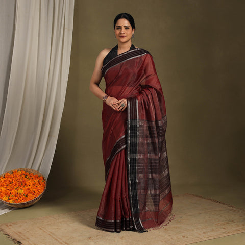 Maroon - handloom tissue zari weave silk maheshwari saree