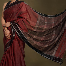 Maroon - handloom tissue zari weave silk maheshwari saree