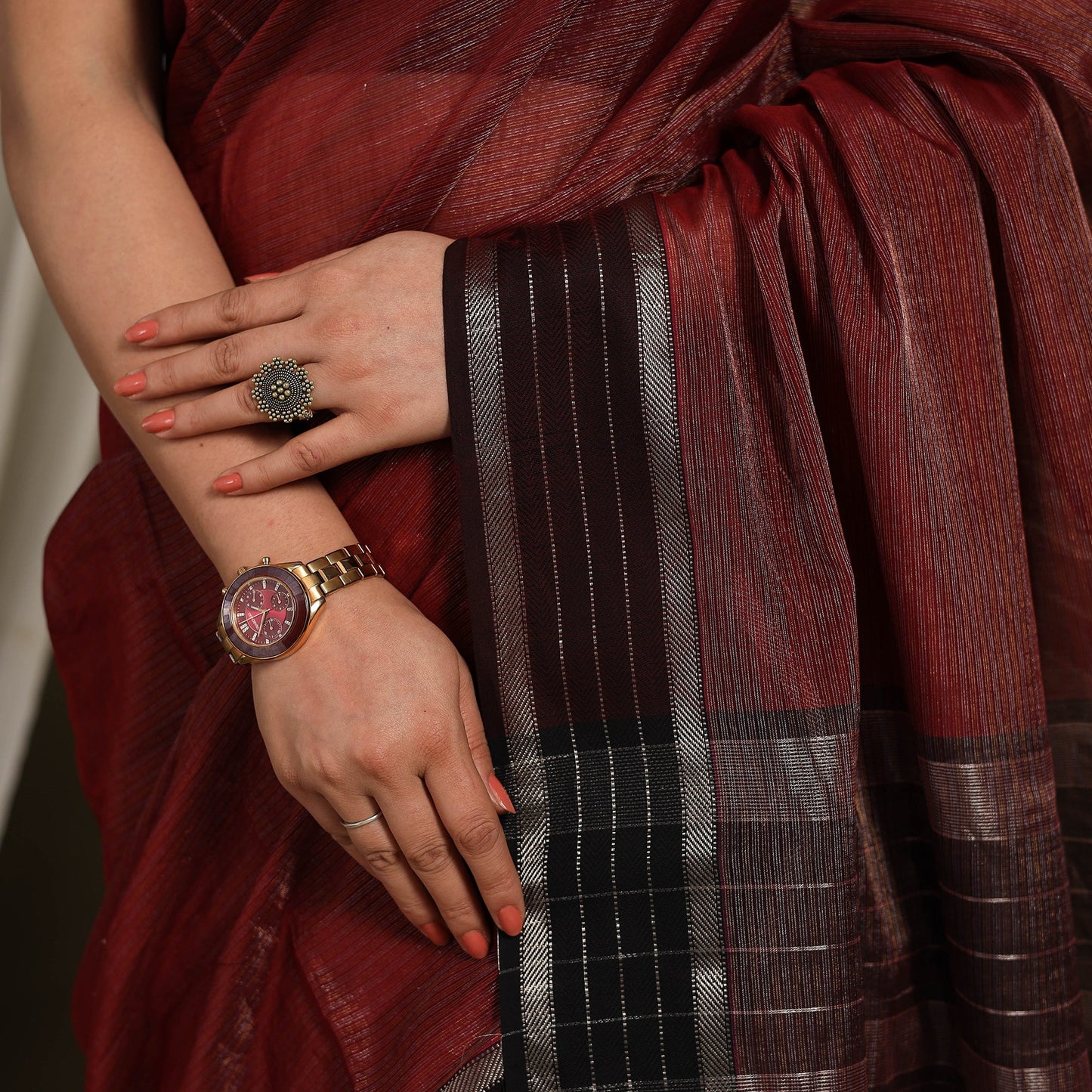 Maroon - handloom tissue zari weave silk maheshwari saree