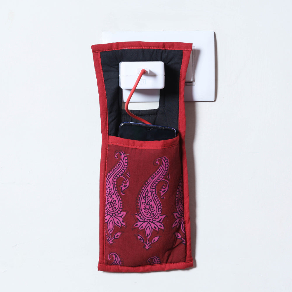 Maroon Handmade Cotton Fabric Mobile Charging Holder 