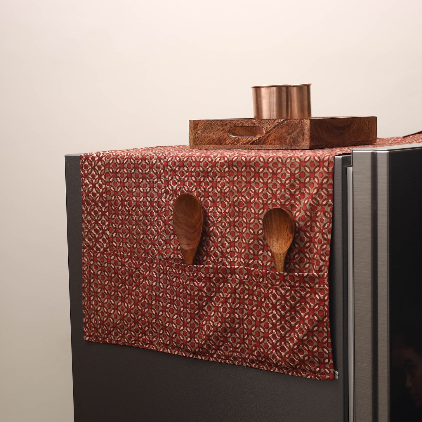 Maroon Handmade Cotton Fridge Top Cover with Multiple Pockets