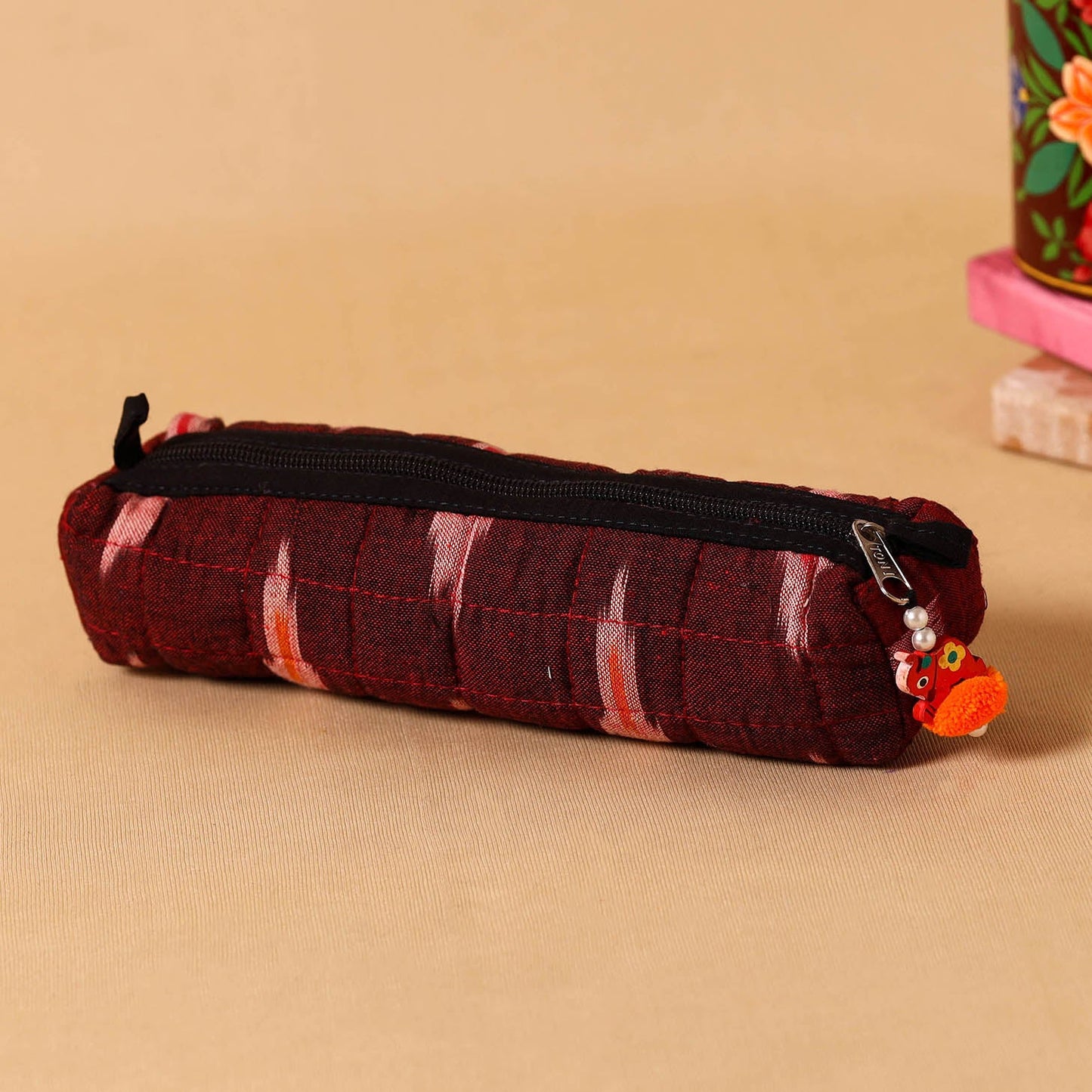 Maroon Handmade Quilted Cotton Pencil Pouch