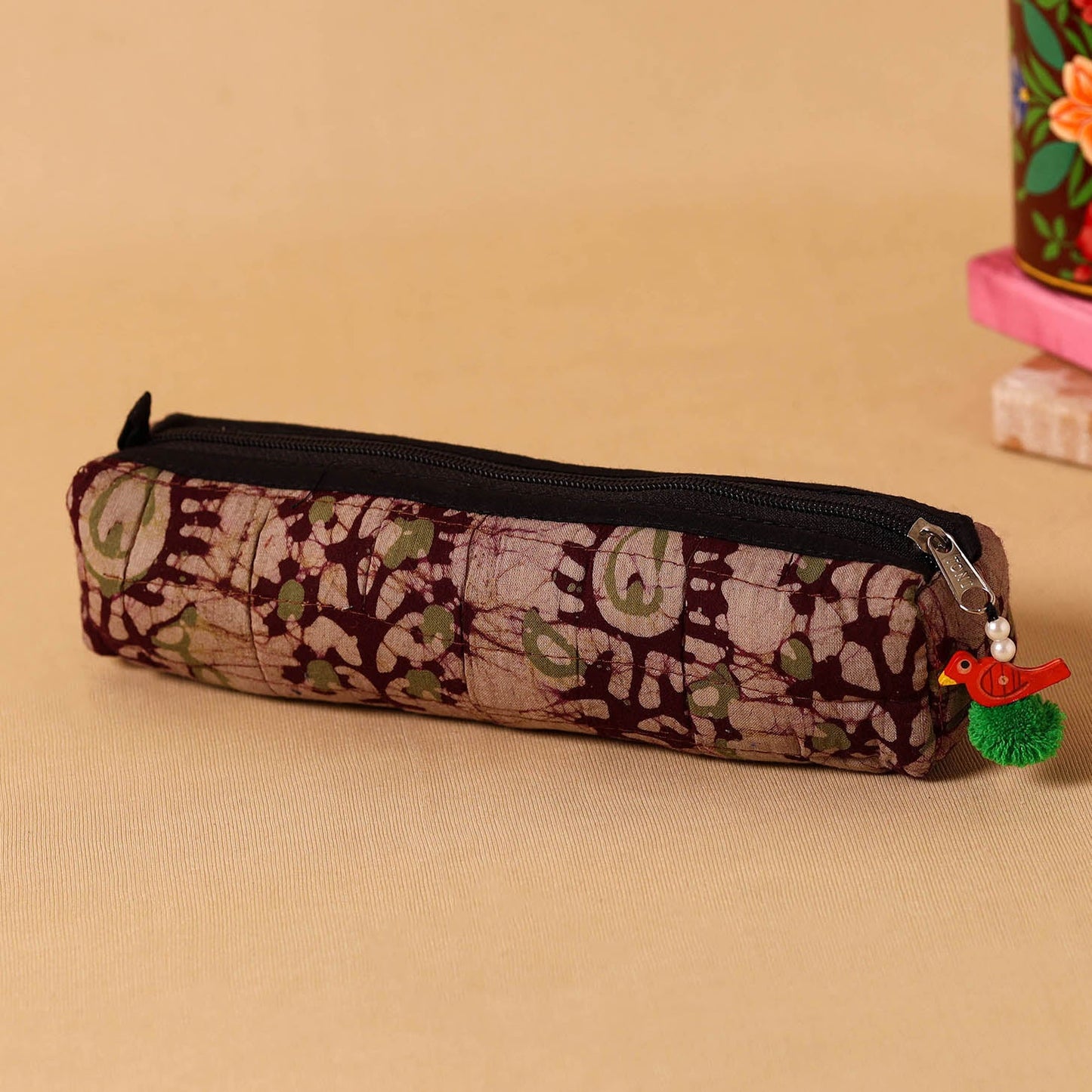 Maroon Handmade Quilted Cotton Pencil Pouch