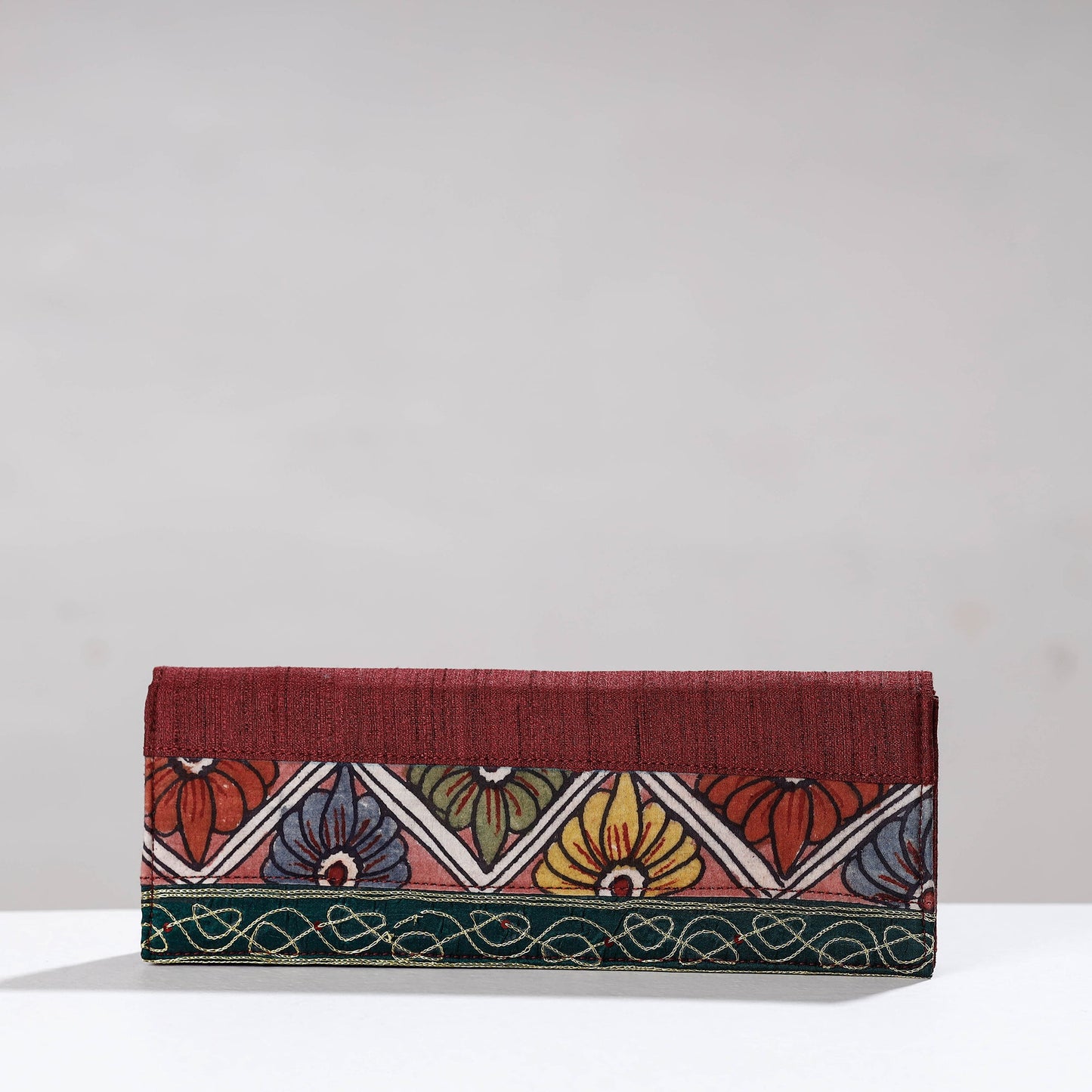 Maroon Handpainted Kalamkari Ghicha Silk Clutch
