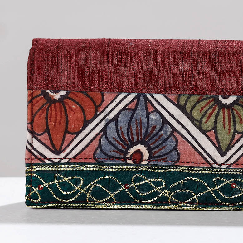 Maroon Handpainted Kalamkari Ghicha Silk Clutch