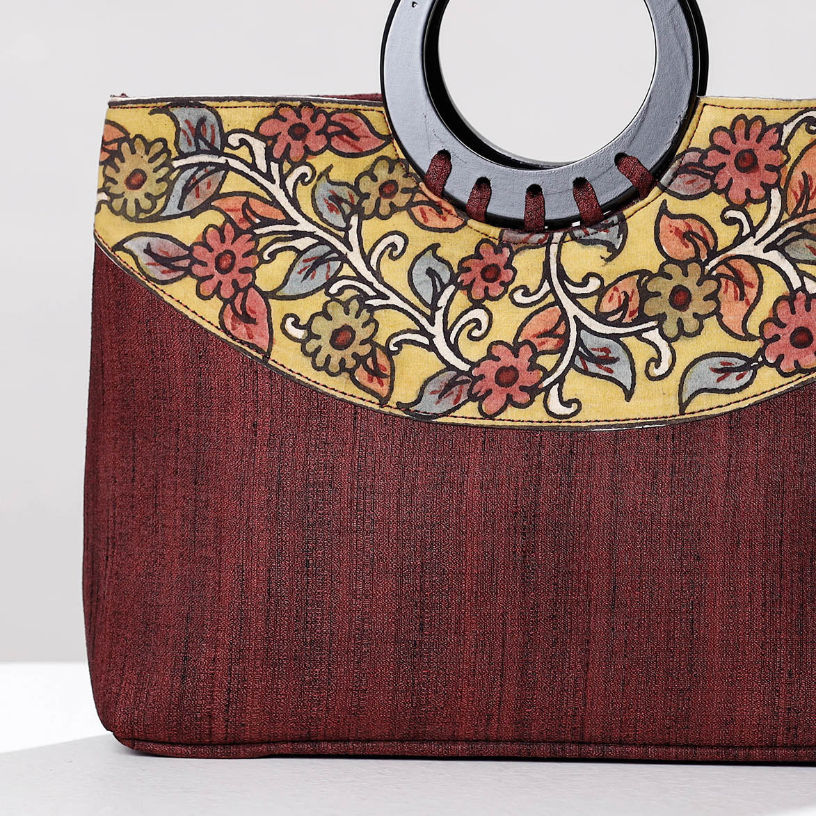 Maroon Handpainted Kalamkari Ghicha Silk Hand Bag