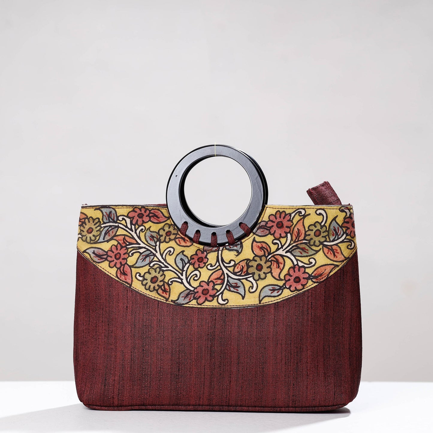 Maroon Handpainted Kalamkari Ghicha Silk Hand Bag