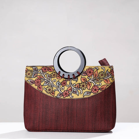 Maroon Handpainted Kalamkari Ghicha Silk Hand Bag