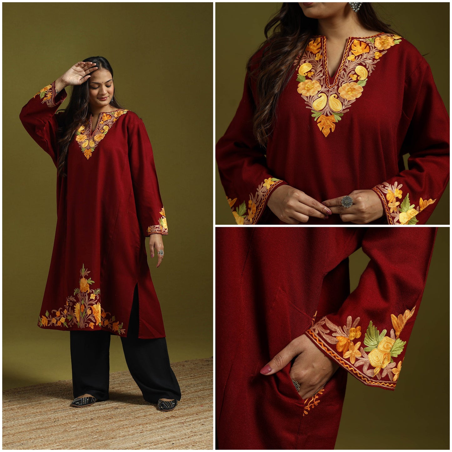 Maroon - handwoven aari embroidered kashmiri merino wool