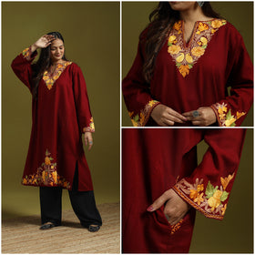 Maroon - handwoven aari embroidered kashmiri merino wool