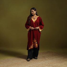 Maroon - handwoven aari embroidered kashmiri merino wool