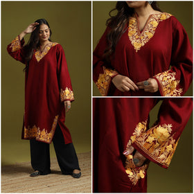 Maroon - handwoven aari embroidered kashmiri merino wool