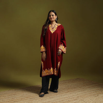 Maroon - handwoven aari embroidered kashmiri merino wool