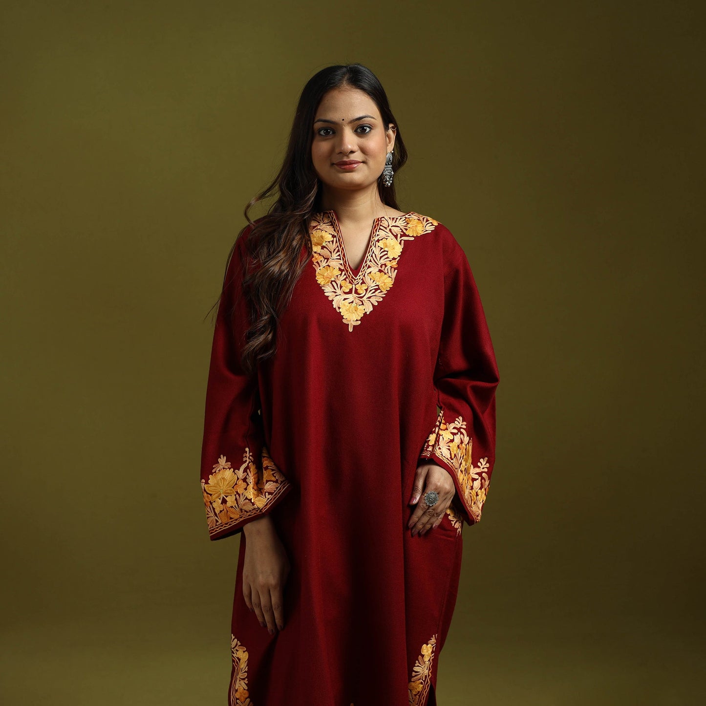 Maroon - handwoven aari embroidered kashmiri merino wool