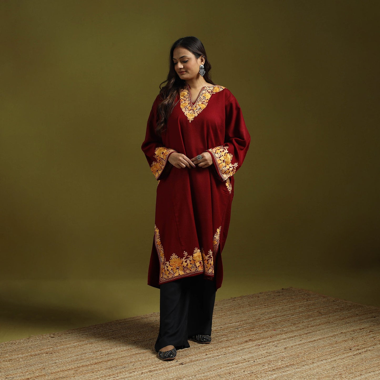Maroon - handwoven aari embroidered kashmiri merino wool