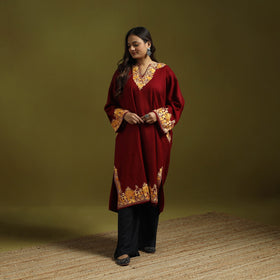 Maroon - handwoven aari embroidered kashmiri merino wool