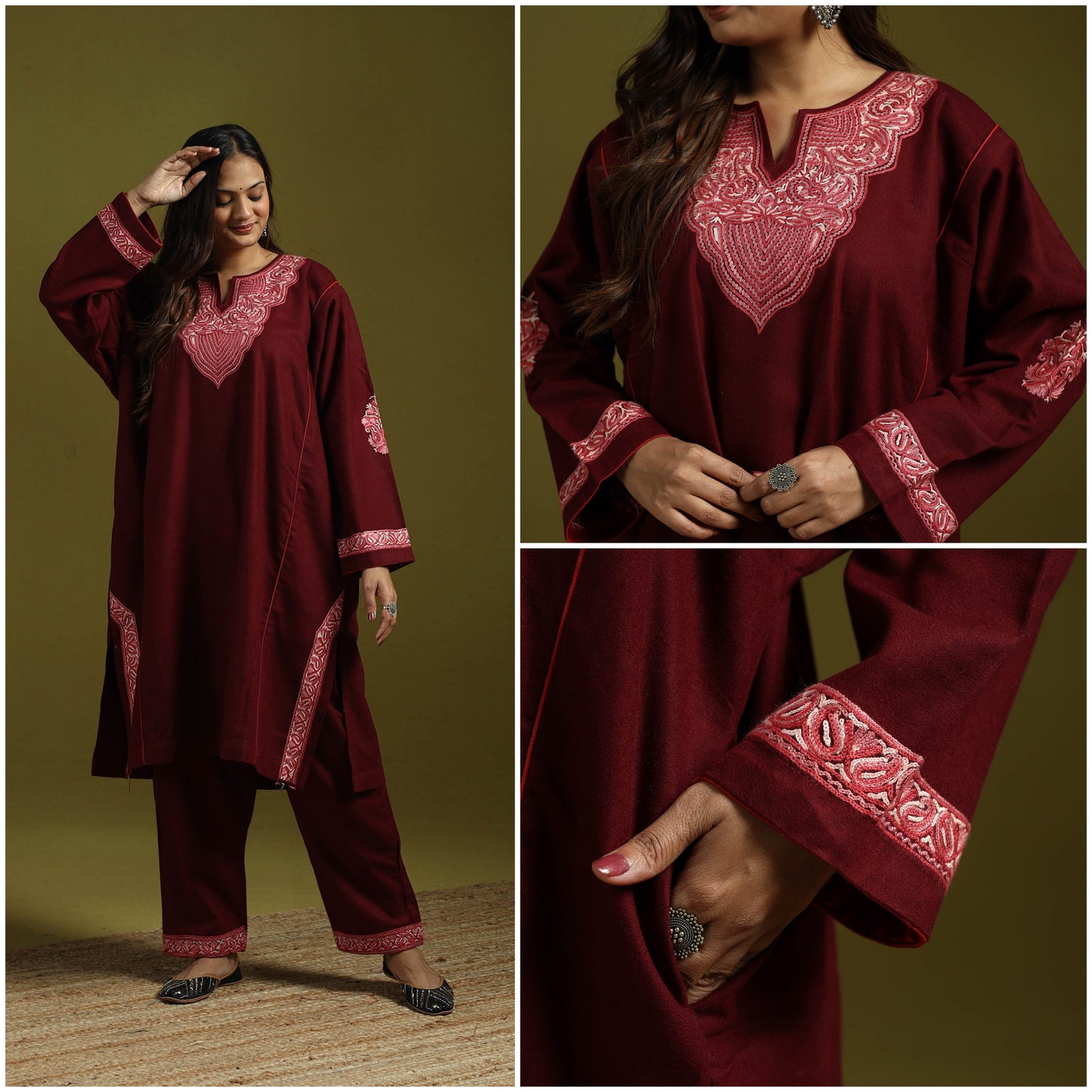 Maroon - handwoven aari hand embroidered kashmiri merino