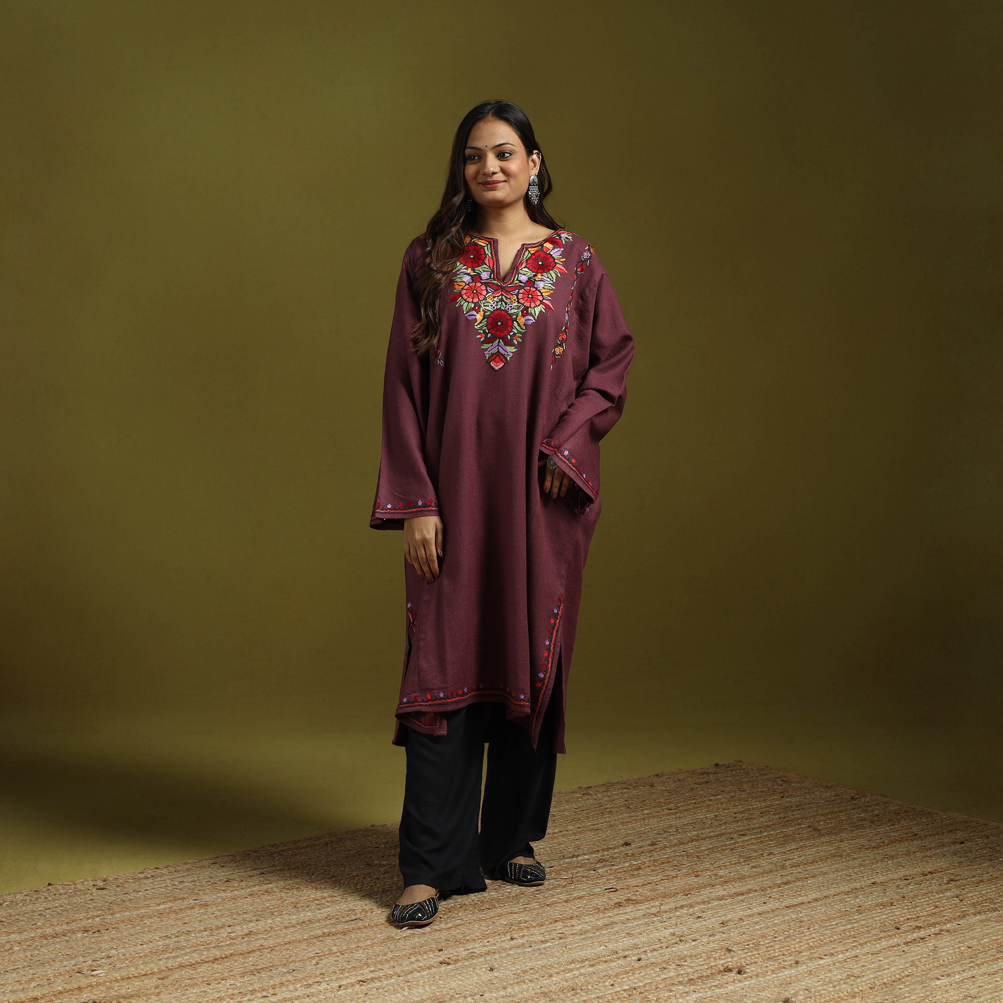 Yellow - Handwoven Aari Hand Embroidered Kashmiri Merino Wool Pheran 15