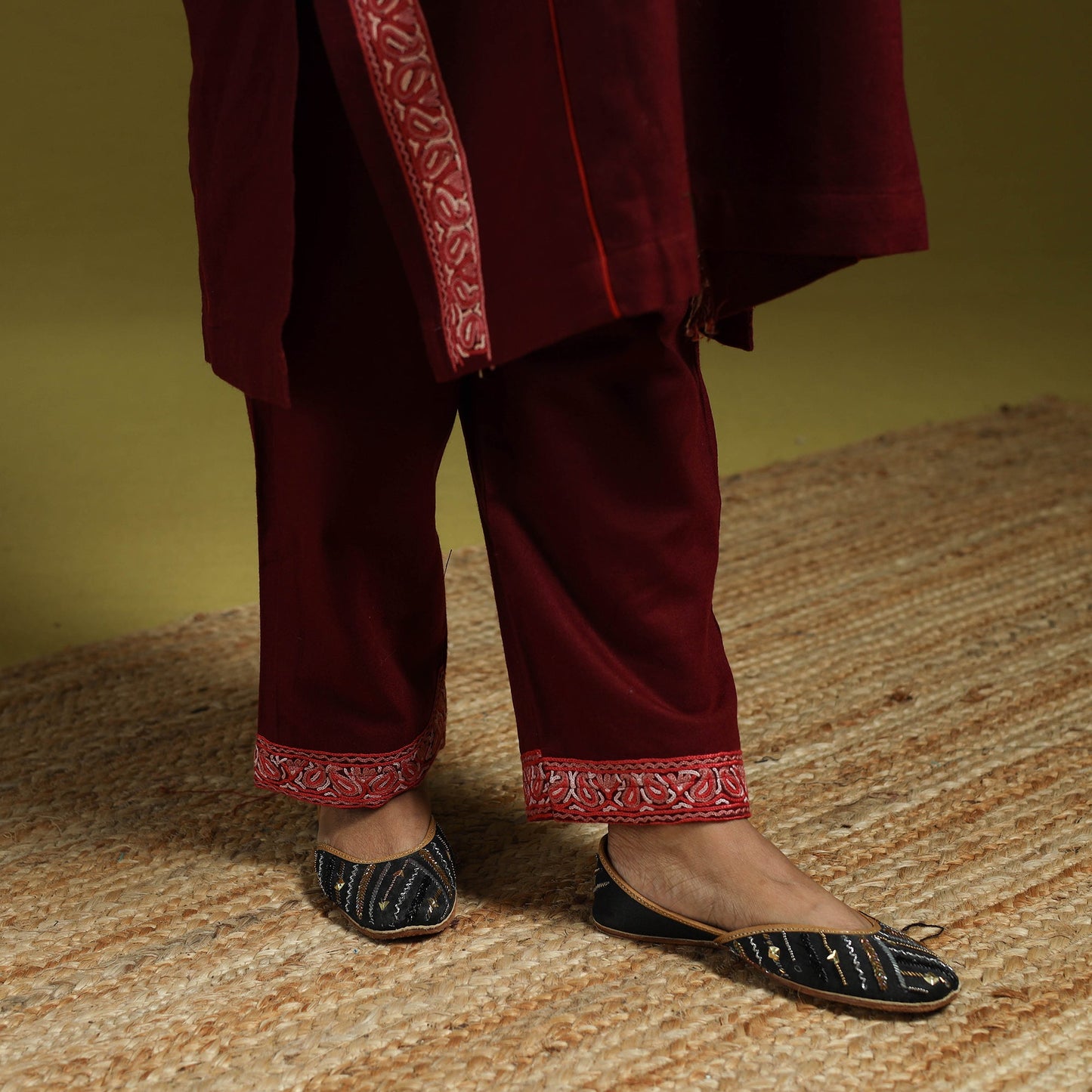 Maroon - handwoven aari hand embroidered kashmiri merino