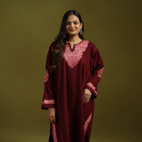 Maroon - handwoven aari hand embroidered kashmiri merino