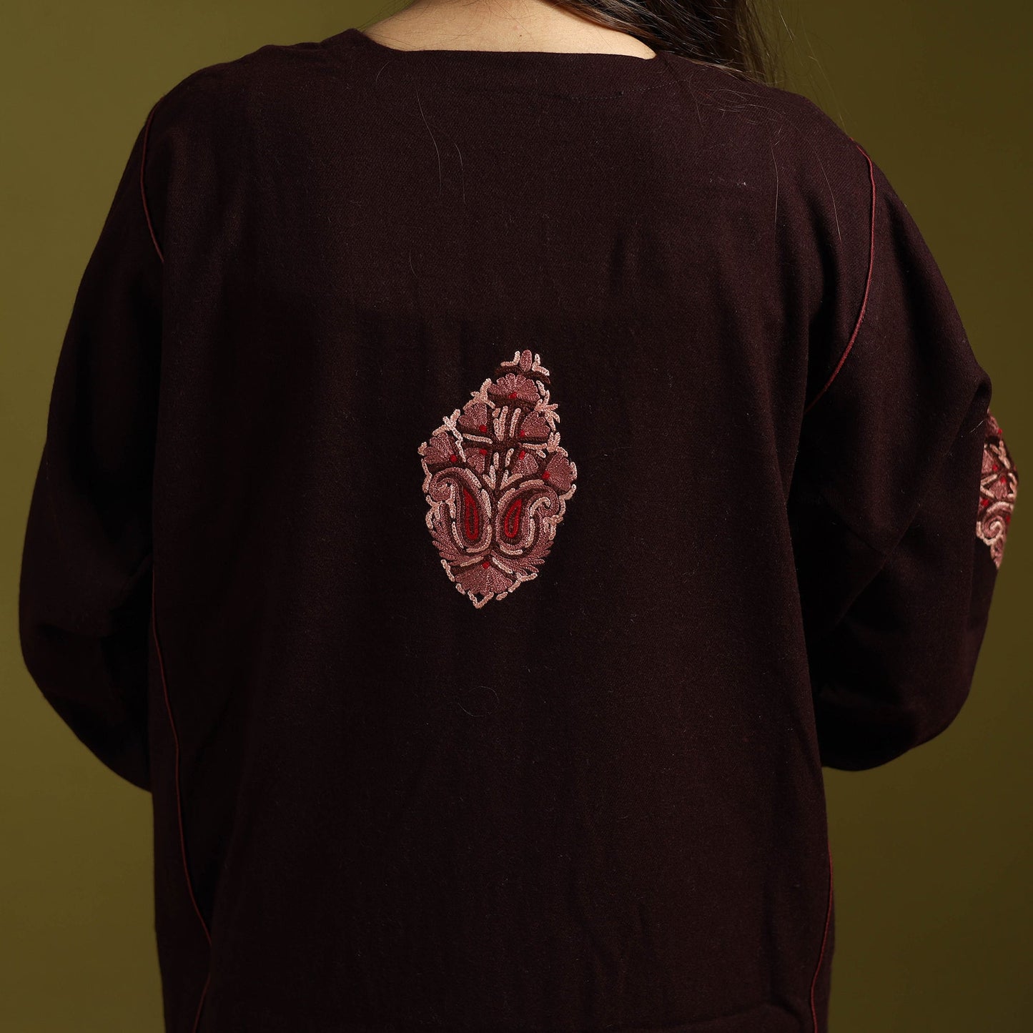 Maroon - handwoven aari hand embroidered kashmiri merino