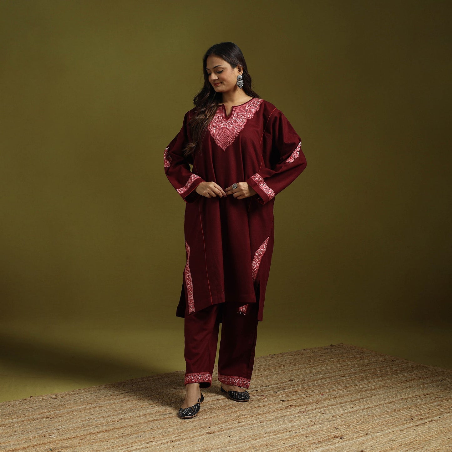 Maroon - handwoven aari hand embroidered kashmiri merino