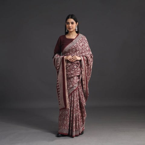 Maroon Handwoven Merino Wool Bagh Block Print Saree