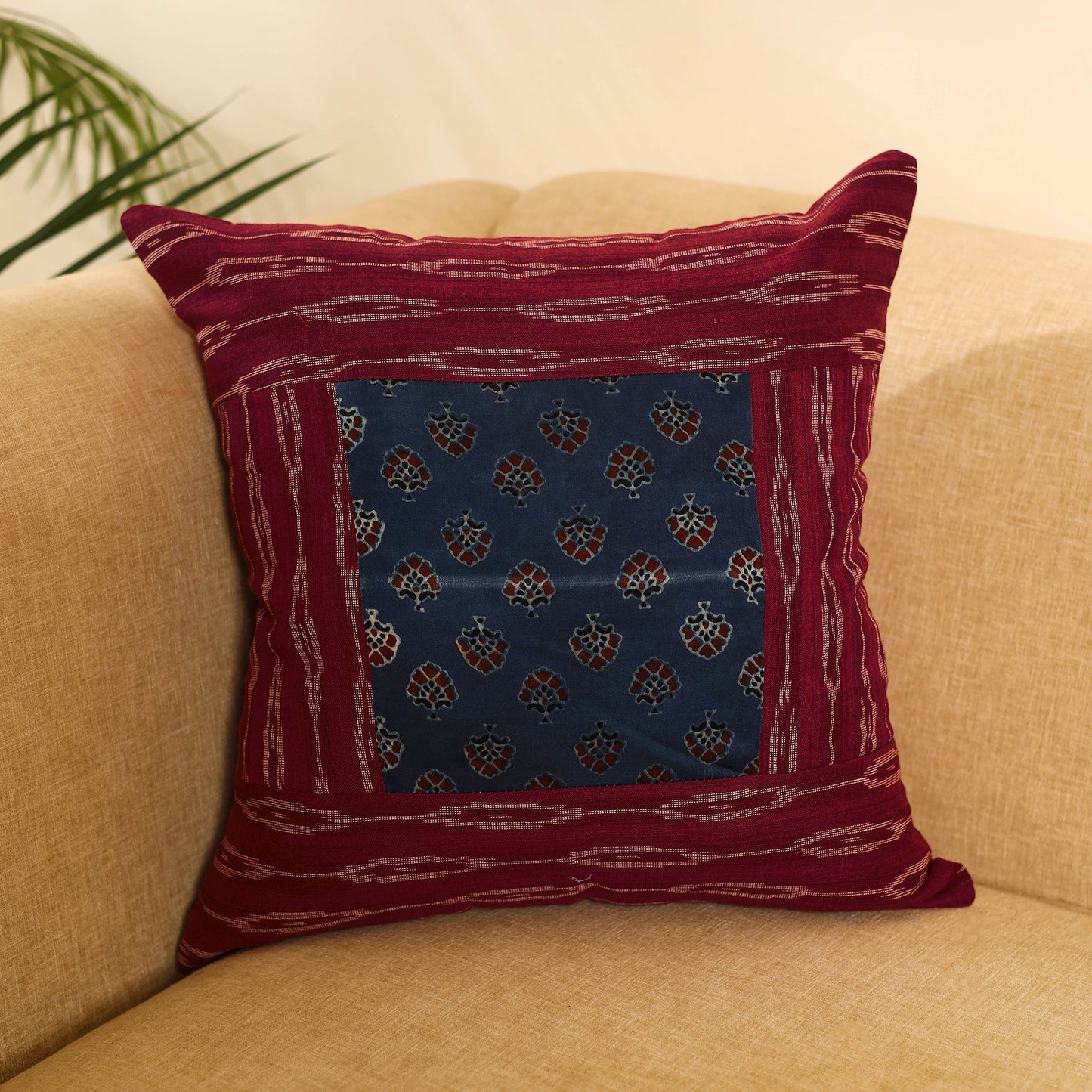 Maroon Ikat Cotton with Ajrakh Modal Silk Cushion Cover