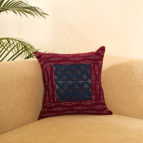 Maroon Ikat Cotton with Ajrakh Modal Silk Cushion Cover