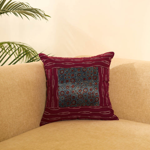 Maroon Ikat Cotton with Ajrakh Modal Silk Cushion Cover