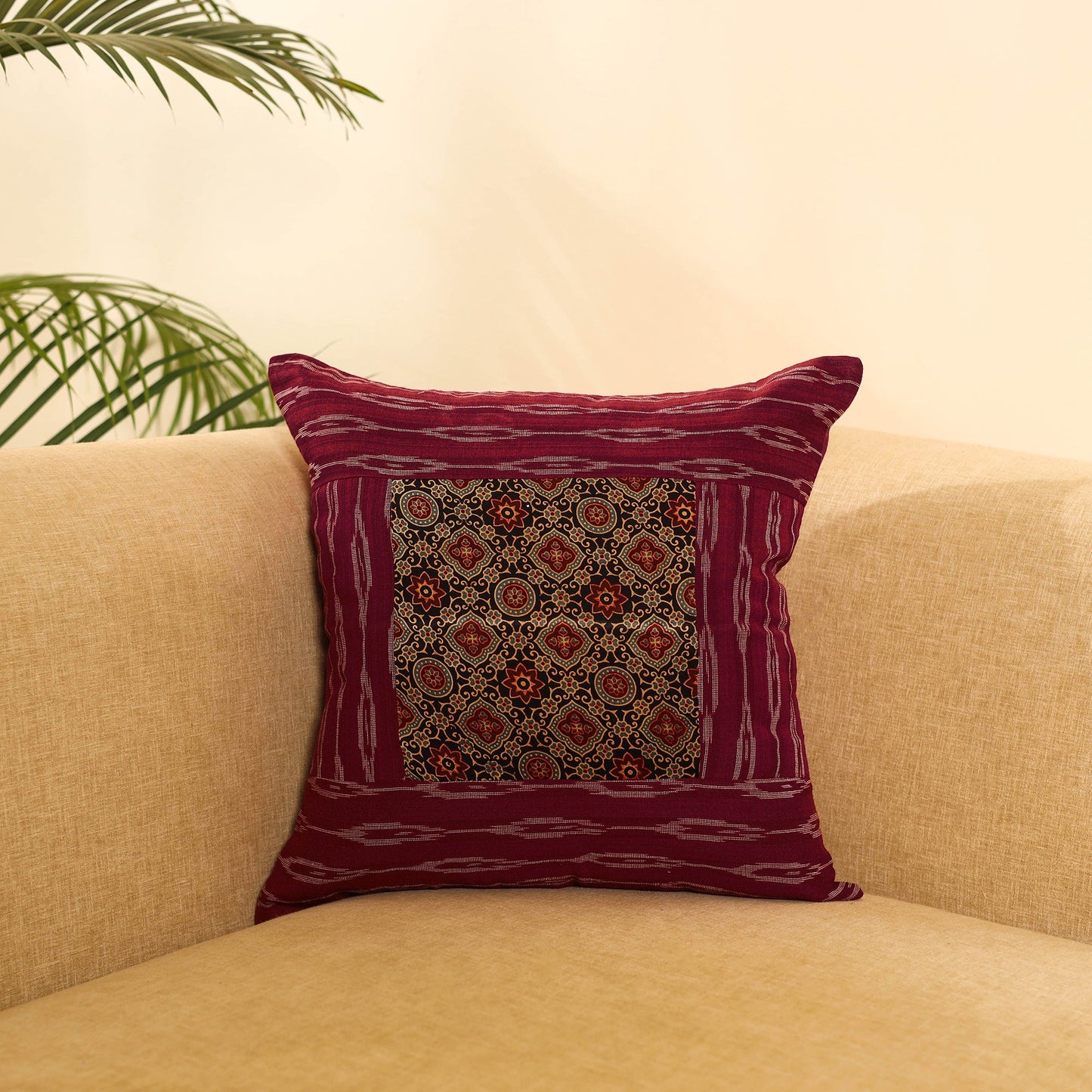 Buy Maroon Ikat Cotton with Ajrakh Modal Silk Cushion Cover