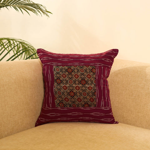 Buy Maroon Ikat Cotton with Ajrakh Modal Silk Cushion Cover