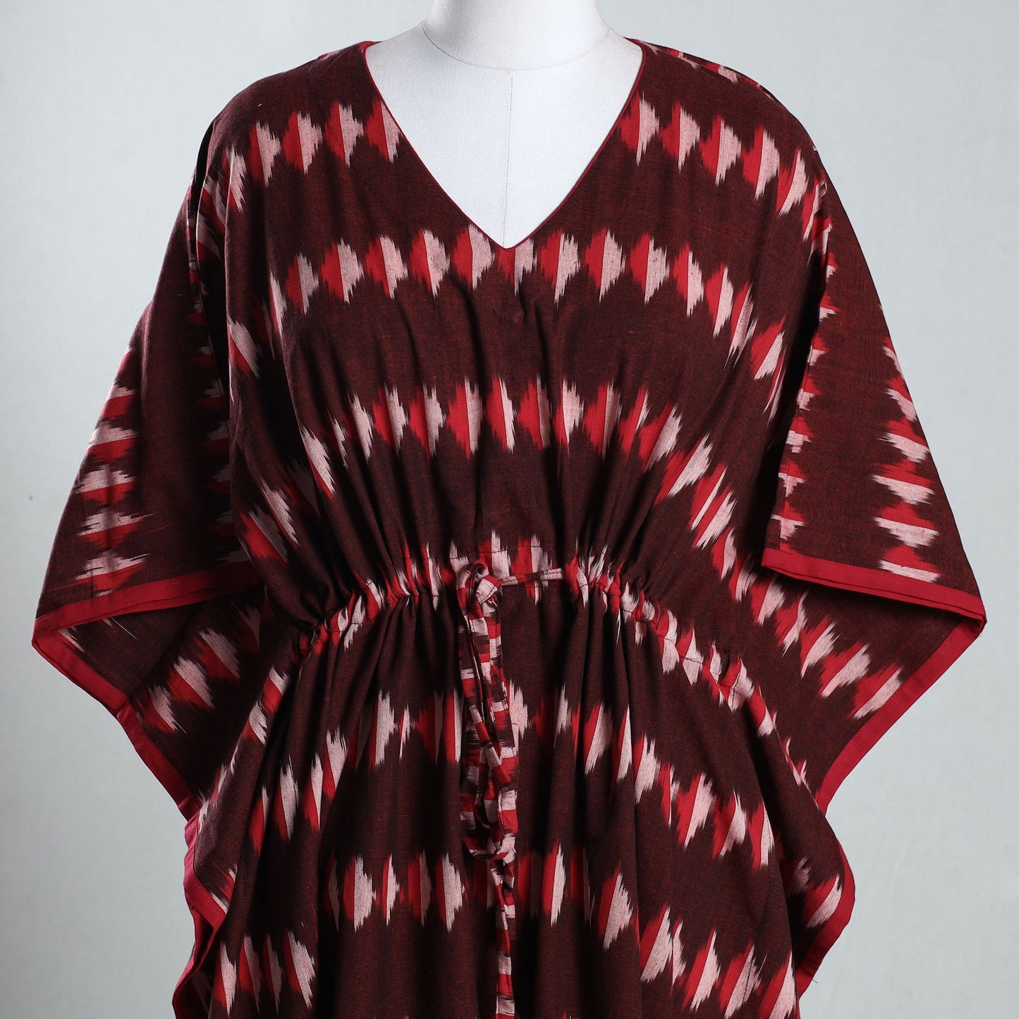 Maroon - Ikat Weave Cotton Kaftan with Tie-Up Waist (Medium)