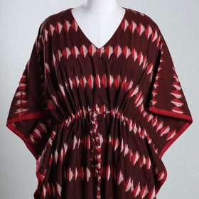 Maroon - Ikat Weave Cotton Kaftan with Tie-Up Waist (Medium)