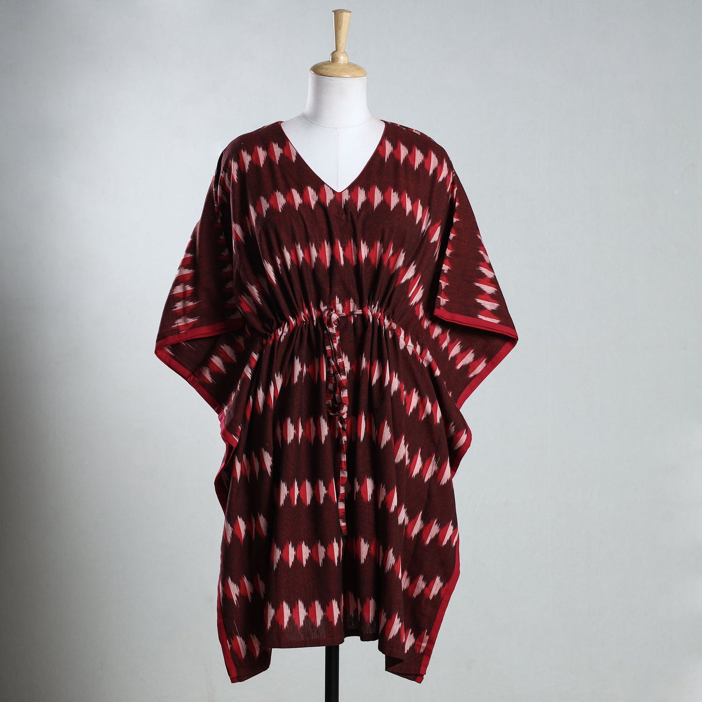 Maroon - Ikat Weave Cotton Kaftan with Tie-Up Waist (Medium)